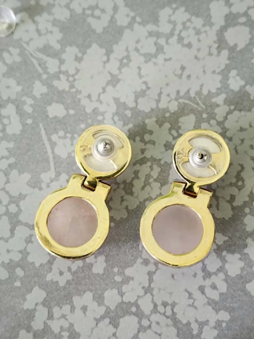 Vintage 80s 90s Julie Signed Gold-Plated Door Knocker Earrings Rose Quartz Pearl